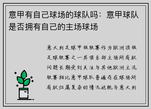 意甲有自己球场的球队吗：意甲球队是否拥有自己的主场球场