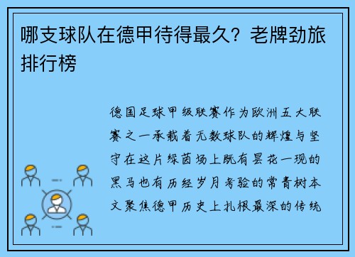 哪支球队在德甲待得最久？老牌劲旅排行榜